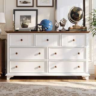 Sunvega Retro White and Walnut Wooden Seven-Drawer Dresser for Bedroom Storage