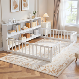 Sunvega Twin Floor Bed with Bedside Bookcase Guardrails and Shelves in Grey