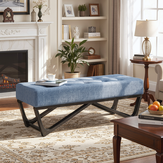 Sunvega Modern Ottoman Bench with Button-Tufted Waffle Stitch and Geometric Legs