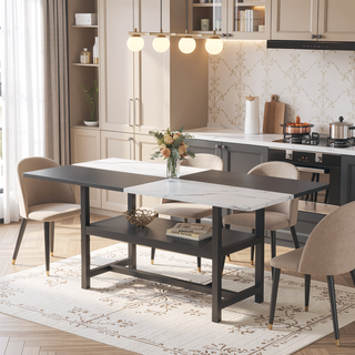 Sunvega Minimalist 71 Inch White and Black MDF Dining Table with Storage Shelf