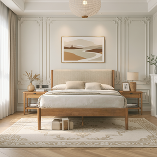 Sunvega Rubberwood Bedroom Set with Queen Upholstered Bed Dresser Mirror Nightstands
