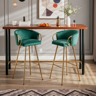 Sunvega 26 Inch Set of 2 Velvet Bar Stools with Chrome Footrest and Golden Leg