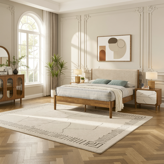 Sunvega Rubberwood Bedroom Set with Queen Upholstered Bed Dresser Mirror Nightstands