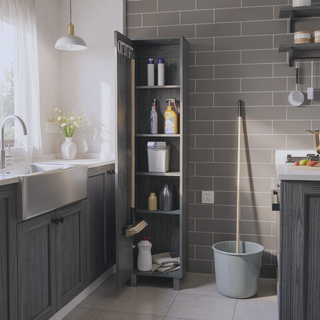 Sunvega Tall Storage Cabinet with Single Door and 3 Broom Hangers