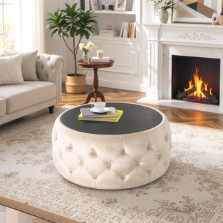 Sunvega Modern Glam Velvet Ottoman with Tempered Glass Top and Button Tufting