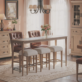 Sunvega Transitional Casual Frosted Glass Console Table with Sand Finish and 3 Stools