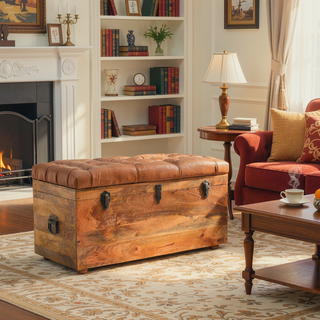 Sunvega Buffalo Hide Leather Upholstered Solid Mango Wood Storage Trunk