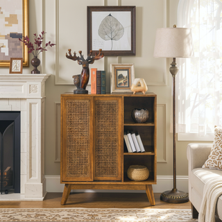 Sunvega Mid Century Modern Rattan Sideboard Cabinet with Adjustable Shelves and Solid Wood Feet