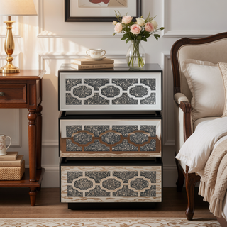 Sunvega Modern Mirrored Nightstand with 3 Drawers and Crystal Handles for Bedroom