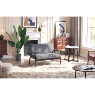 Sunvega 45 Inch Dark Gray Loveseat with Espresso Wood Arms and Full Foam Cushion