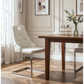 Sunvega White Faux Leather Dining Chairs Set of 2 with Gold Mesh Texture and Chrome Handle
