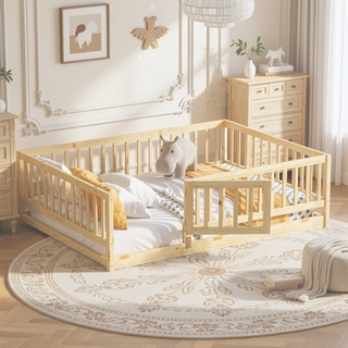 Sunvega Full Size Montessori Floor Bed with Fence Door and Slats for Kids