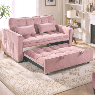 Sunvega Pink Velvet Convertible Sofa Bed with Reclining Backrest and Storage Pockets