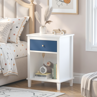 Sunvega White and Golden Kids Wooden Nightstand with One Drawer and Shelf