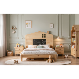 Sunvega Natural Wooden Montessori Floor Bed Frame with Fence and Door for Kids