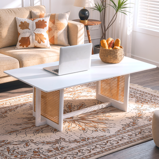 Sunvega Chinese Style White Solid Wood and Imitation Rattan Rectangular Coffee Table