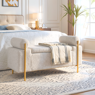 Sunvega Elegant Upholstered Linen Storage Bench with Cylindrical Arms and Iron Legs