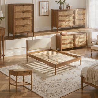 Sunvega 5-Piece Rubberwood Bedroom Set with Queen Bed Dresser Mirror Nightstand Chest