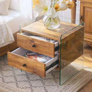 Sunvega MDF Wood Grain Double Drawer Bedside Table with Tempered Glass Legs