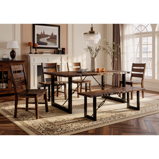 Sunvega Industrial U-shaped Metal Bench Base with Two-Tone Walnut and Black Finish