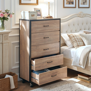 Sunvega Weathered Light Oak Finish Wood Chest with 5 Drawers and Industrial Caster Wheels