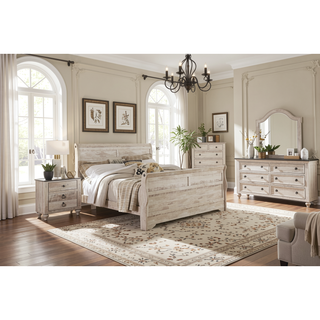 Sunvega White Wash Finish King Sleigh Bed Dresser Mirror Nightstands and Chest