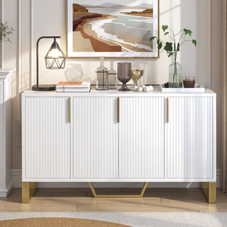 Sunvega Modern White Kitchen Cabinet with Four Doors Metal Handles Adjustable Shelves