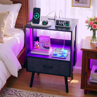 Sunvega Modern Nightstand with Charging Station LED Light Fabric Drawers 2 Pack