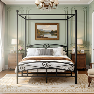 Sunvega Sturdy Queen Metal Canopy Bed Frame with Vintage Headboard and Footboard