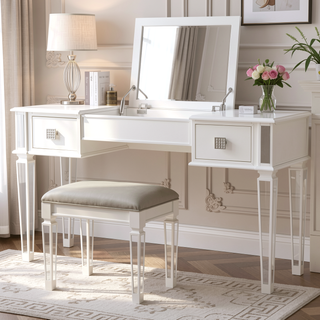 Sunvega Mirrored Vanity Desk with Stool, Flip Up Mirror and Drawers for Bedroom Makeup Room