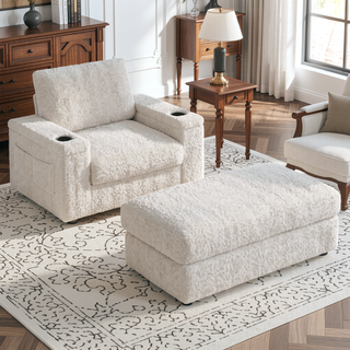 Sunvega Faux Rabbit Fur Sofa Bed with Storage Ottoman Cup Holders and Armrests