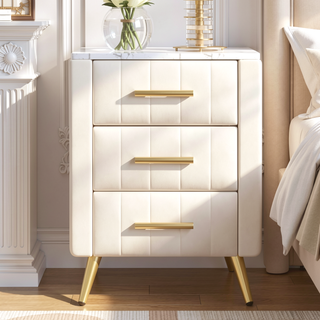 Sunvega Upholstered Velvet Nightstand with 3 Drawers and Marbling Worktop