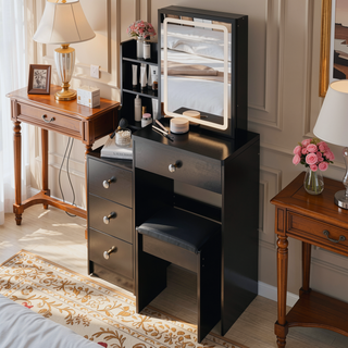 Sunvega 41 Inch Large Size Left Bedside Cabinet Vanity Table with Cushioned Stool