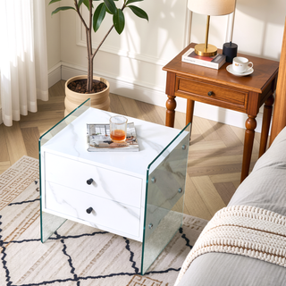 Sunvega MDF and Tempered Glass Double-Drawer Bedside Table with Storage Cabinet