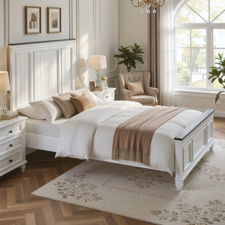 Sunvega King Bed and 2 Nightstands Set with Shiplap Panel and Modern Farmhouse Style