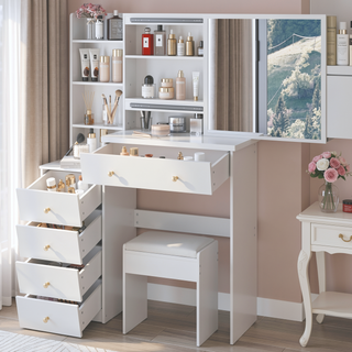 Sunvega 37 Inch Left Bedside Cabinet Vanity Table with Cushioned Stool and Sliding Mirror
