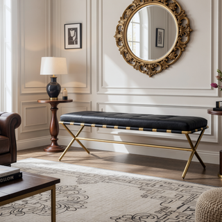 Sunvega Faux Leather Bench with Tufted Upholstery and Gold Metal Frame