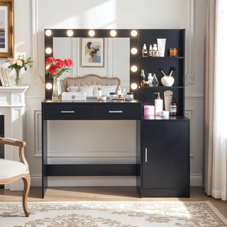 Sunvega Black 46.4 Inch Vanity Desk with Mirror Lights and Large Drawers
