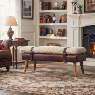 Sunvega Boucle and Mahogany Leather Bench with Belted Strap Design for Entryways
