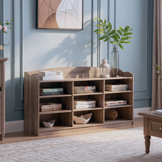 Sunvega Dark Taupe Wooden Entryway Organizer Bench with Nine Storage Shelves