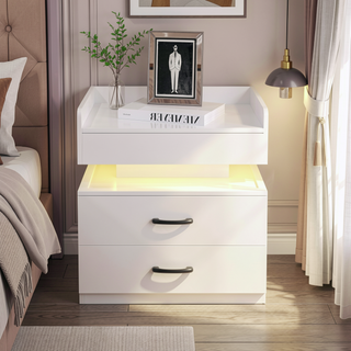 Sunvega Adjustable LED Strip Light Nightstand with 2 Sliding Drawers for Bedroom