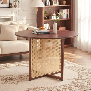 Sunvega Chinese Country Retro Walnut Solid Wood Round Table with Imitation Rattan Legs