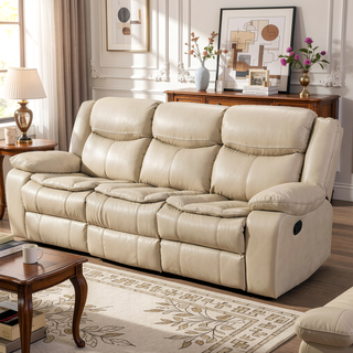 Sunvega Cream Breathable Leather Manual Reclining Sofa with Pillow Top Arm Cushions
