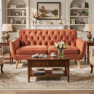 Sunvega Mid-Century Modern Loveseat with Button-Tufted Waffle Stitch Upholstery