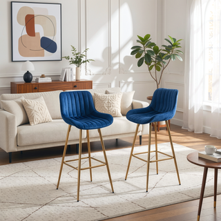Sunvega 30 inch Set of 2 Blue Velvet Bar Stools with Chrome Footrest and Golden Legs