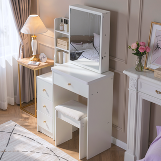 Sunvega Small Space Left Bedside Cabinet Vanity Table with Cushioned Stool and Sliding Mirror