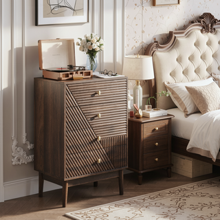 Sunvega Modern Walnut Wooden 4-Drawer Dresser with Metal Knobs for Bedroom