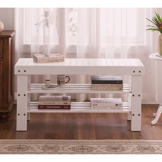 Sunvega Solid Wood White Finish Shoe Bench with Plastic Leveler Legs