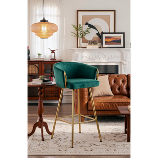 Sunvega 30 Inch Set of 2 Velvet Bar Stools with Chrome Footrest and Golden Leg