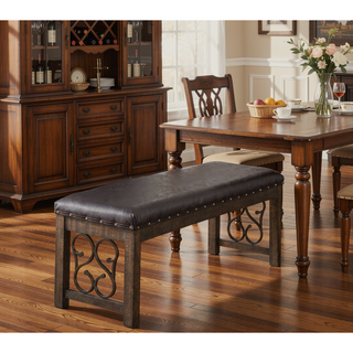 Sunvega Classic Traditional Weathered Cherry Finish Wooden Dining Furniture with Synthetic Leather Seat